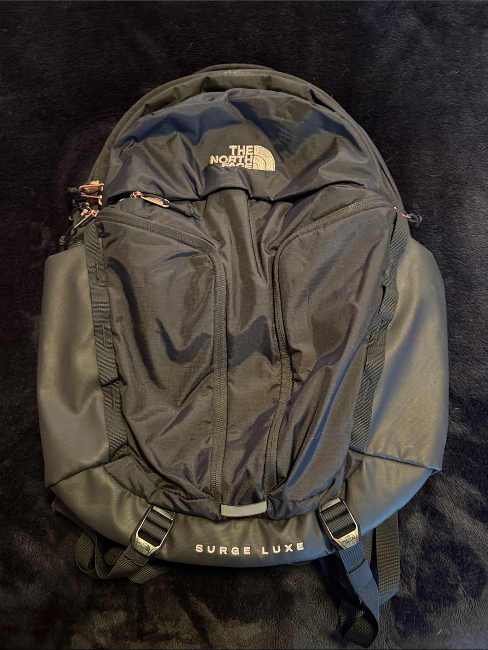 The North Face Surge Luxe Backpack - Black with Rose Gold Accents